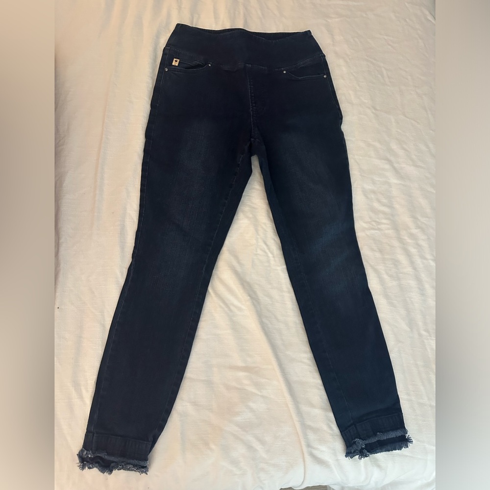 Belle dark blue jeggings with fringe detail; size 8